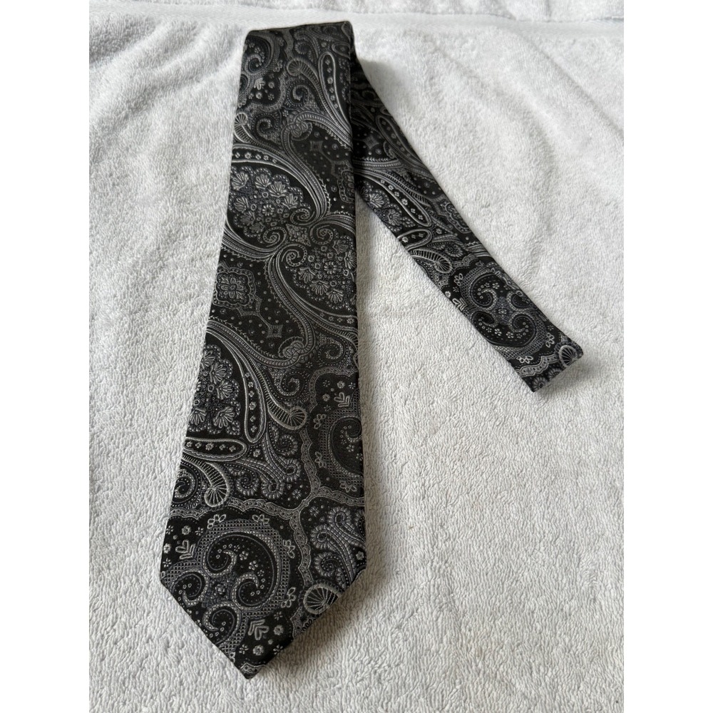 Countess Mara Mens Silk Tie Black Silver Grey Paisley Handmade Formal Necktie